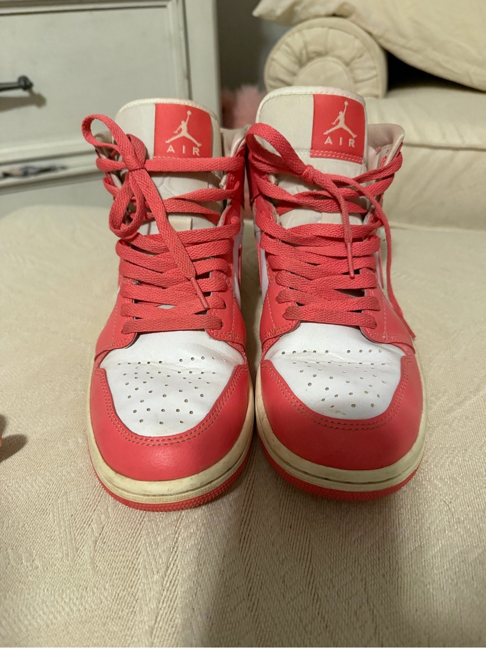 Jordan Women’s High-Top Sneakers in White & Coral Pink